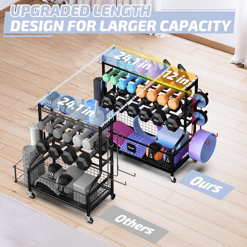 PLKOW Dumbbell Rack, Weight Rack for Dumbbells, Home Gym Storage for Dumbbells Kettlebells Yoga Mat and Balls, All in One Workout Storage with Wheels and Hooks, Powder Coated Finish Steel - Image 3